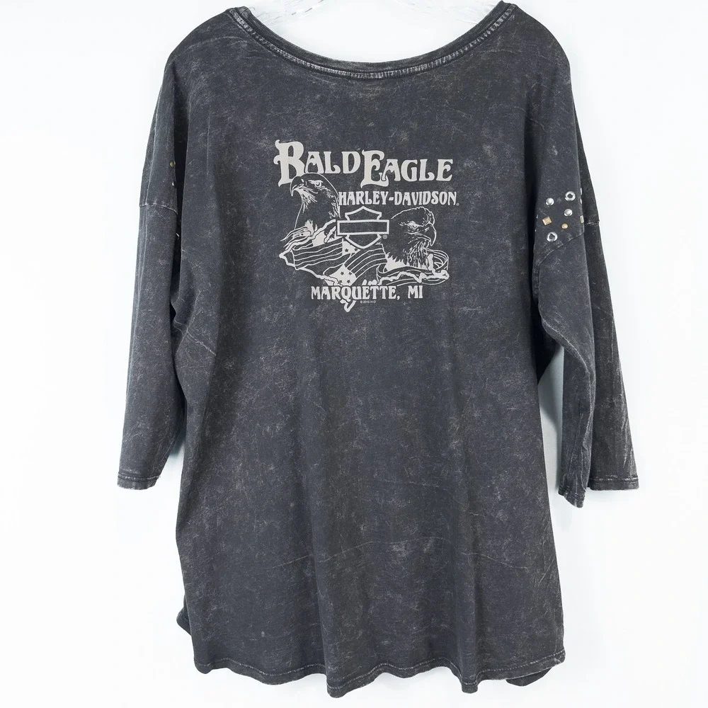 Harley Davidson Womens XL Marquette MI Forever Bald Eagle Studded 3/4 Sleeve Top - Picture 2 of 16